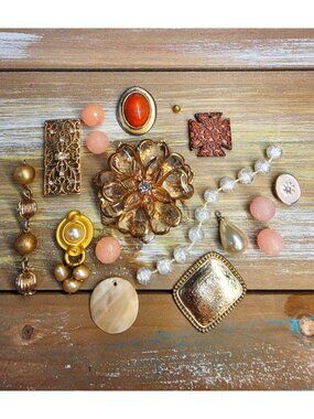 Junk Art Jewelry Curated Lot #8 "Blush" Pearls Metal Filigree Beads Upcycle Mult